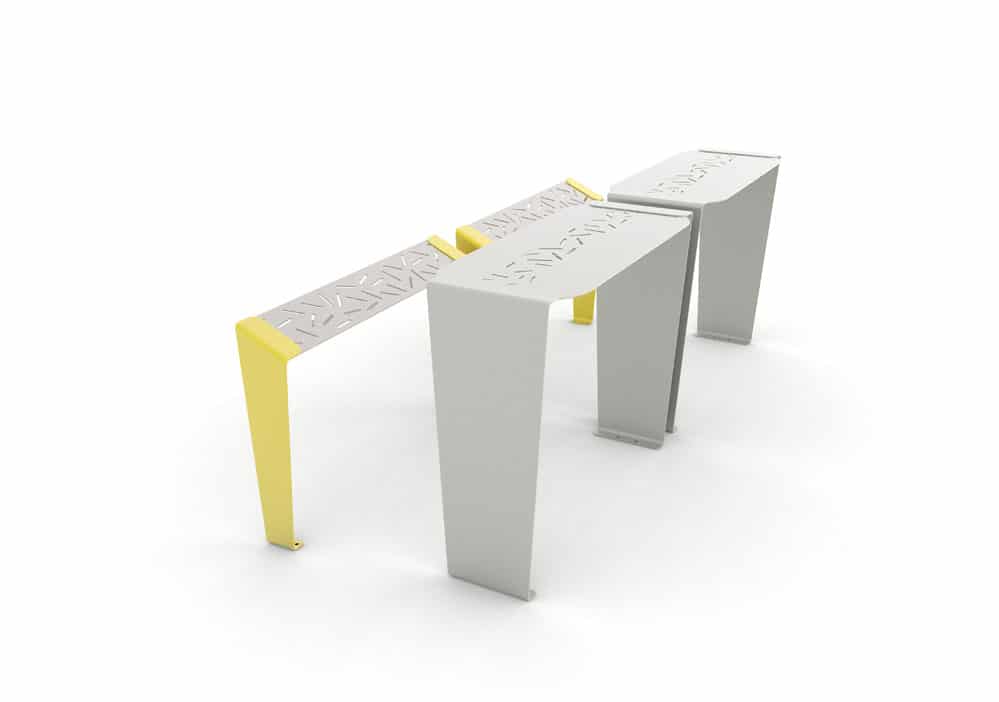 Deux tables bar LUD grises avec leurs assis-debout LUD jaunes