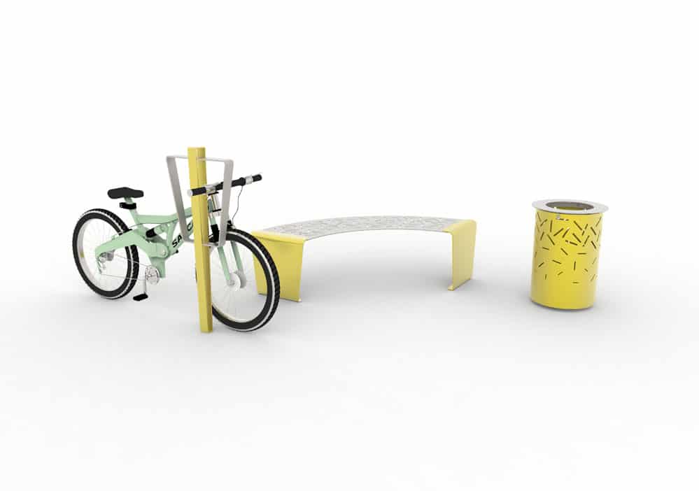 Une borne à vélo LUD jaune avec un vélo rangé, une banquette courbe LUD jaune et une corbeille LUD jaune