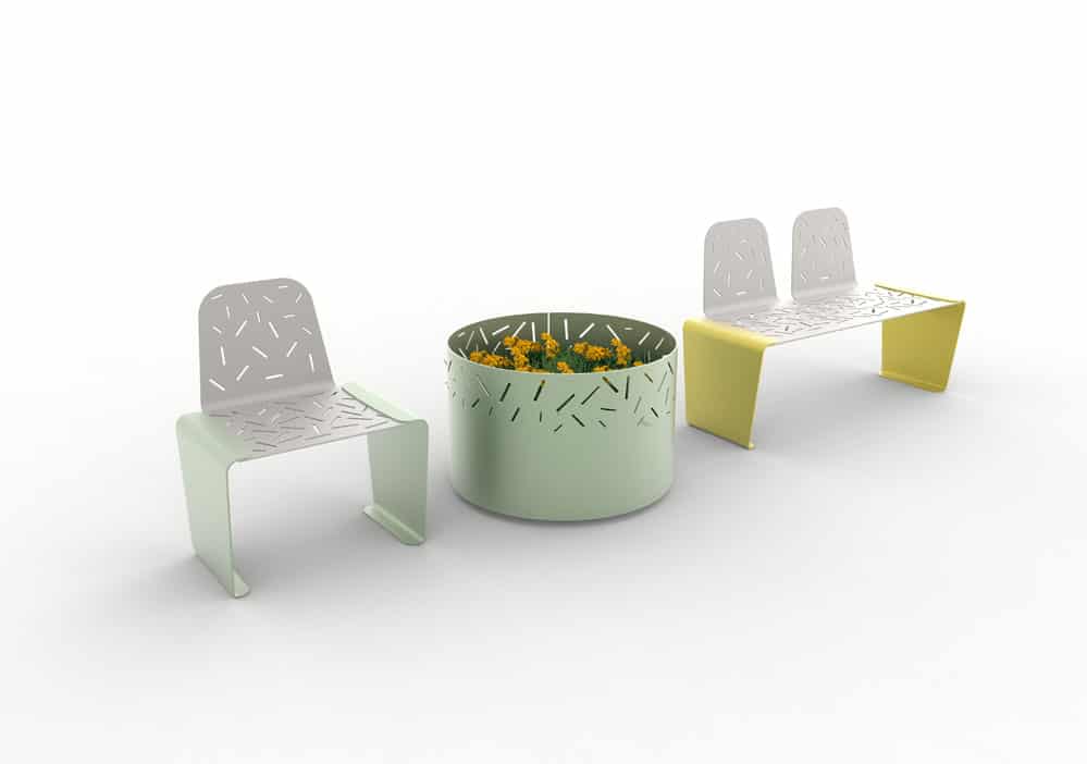 Une chaise LUD verte, une jardinière LUD verte et un banc LUD avec deux dossiers jaune