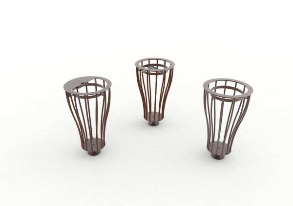 Les trois modèles de corbeilles Vigipirate vase TUB marron : une cendrier, une tri et une simple