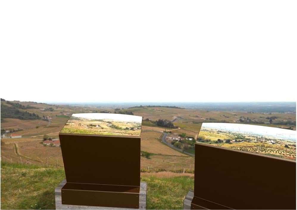 Incrustation d'une 3D de deux pupitres et tables de lecture ICARE dans un paysage réel
