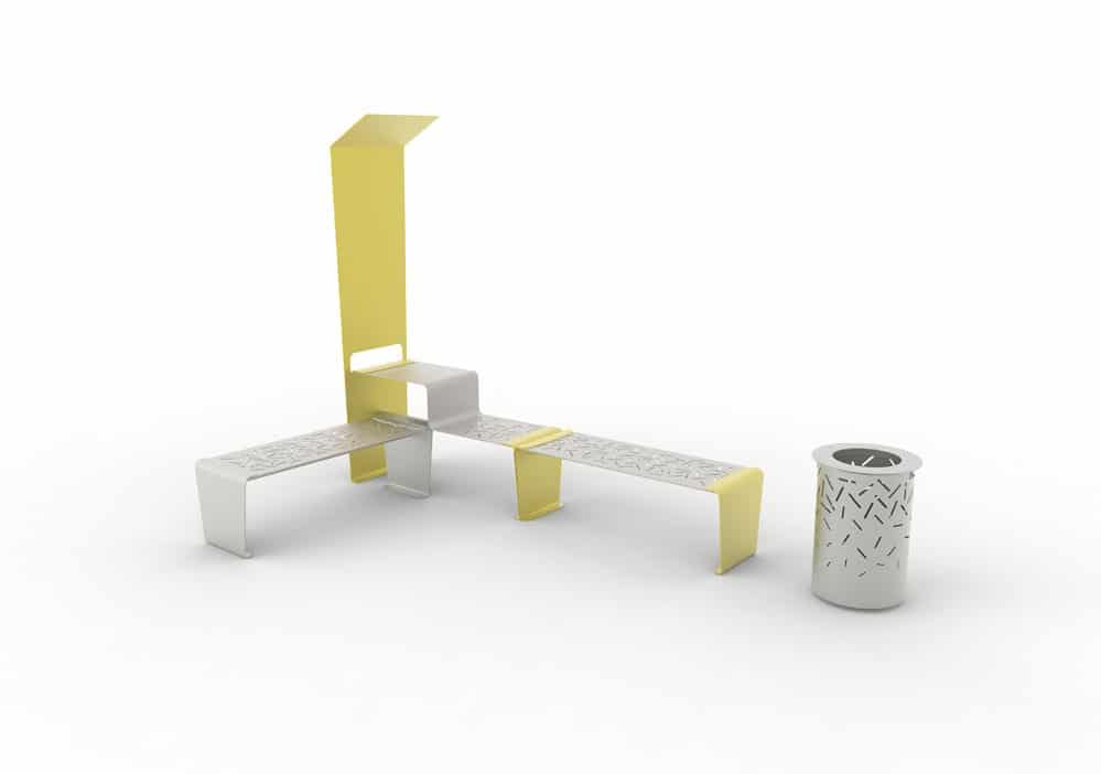 Une table connectée LUD jaune accolée à une banquette LUD jaune ; à gauche, une banquette LUD grise ; à droite, une corbeille LUD grise
