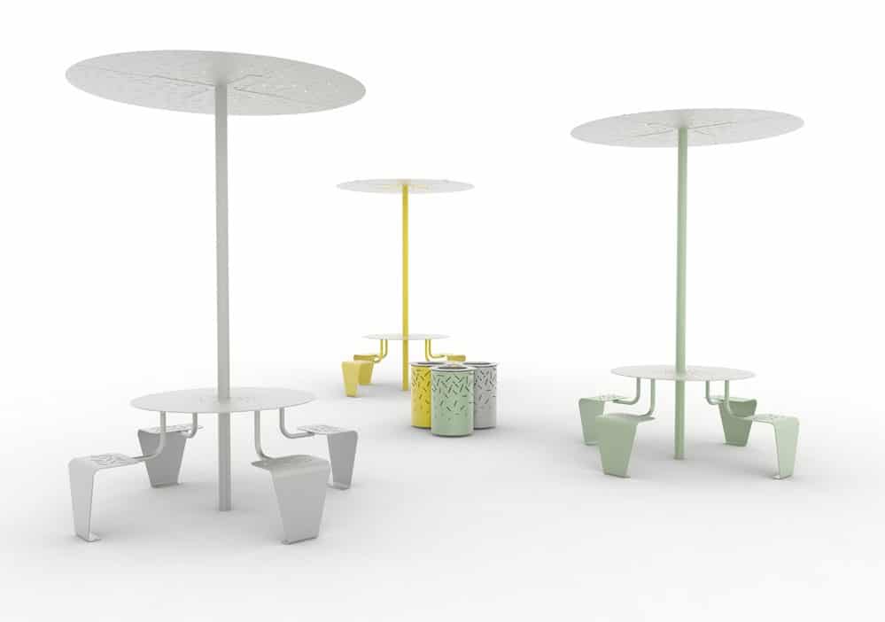 Trois tables pique-nique abritées LUD : une grise, une jaune et une verte ; entre elles, trois corbeilles LUD jaune, verte et grise