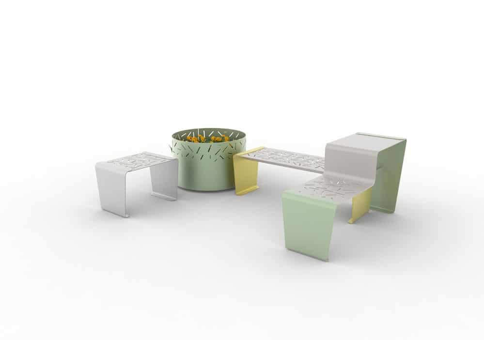 Un tabouret LUD gris, une jardinière LUD verte, une banquette LUD jaune et une table gigogne LUD vert