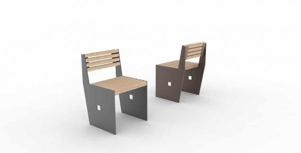 Deux chaises CUB : une grise à gauche et une marron à droite