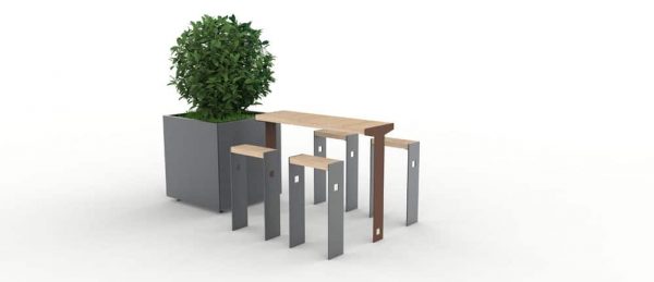 Une table bar et ses assis-debout CUB, accompagnés d'une jardinière XL